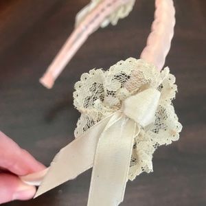 Vintage Headband W/ Hand Sewn Pink Satin Fabric & White Lace Bows